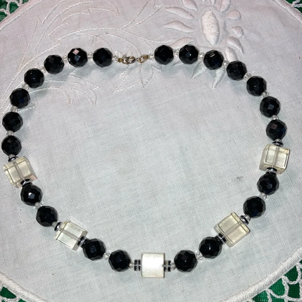 Vintage black glass beads with clear acrylic cubes necklace. Size in pics. $25 - Picture 1 of 6